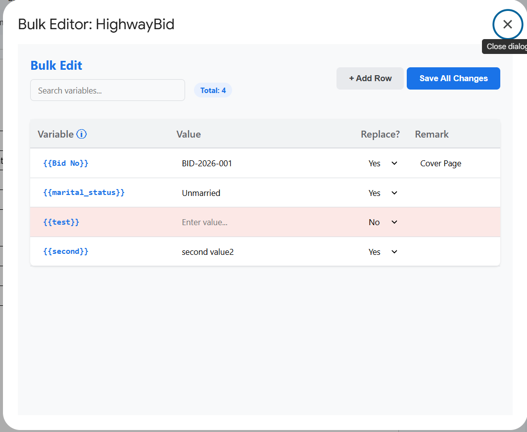 Bulk editor variable dialog table screenshot