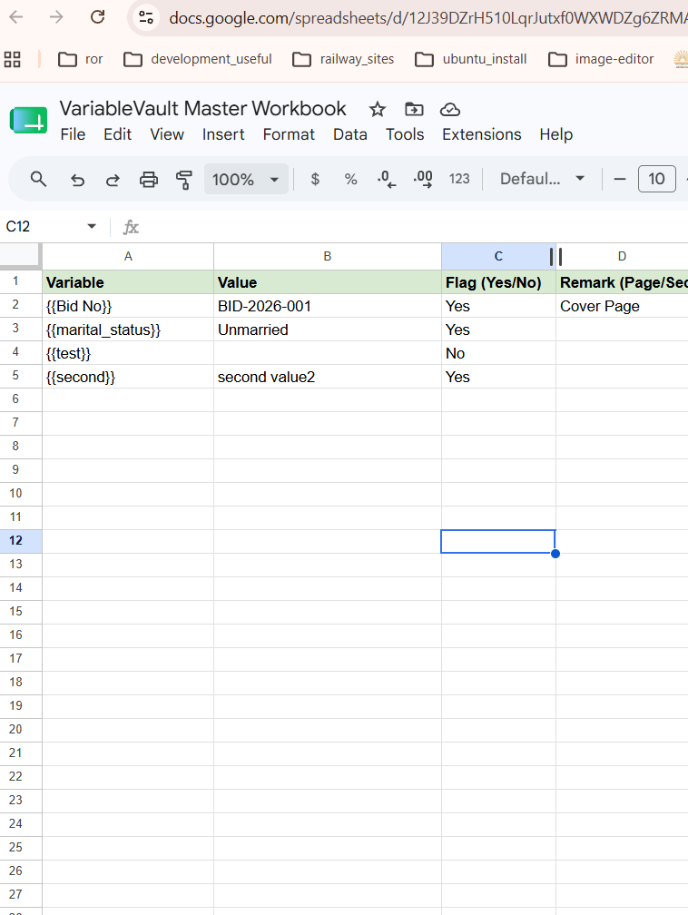 Google Sheets variable database screenshot