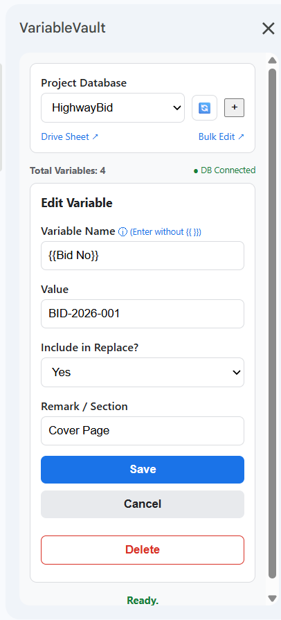Edit variable inline form screenshot