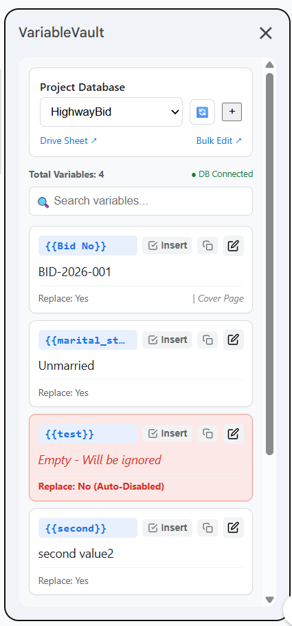 VariableVault sidebar variable list screenshot